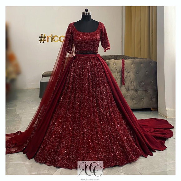 BURGUNDY LEHENGA WITH REMOVABLE TRAIN