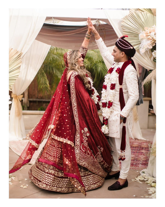 Stunning Dark Maroon Velvet Zari Embroidered Bridal Heavy Lehenga Choli  with Dupatta - Tulsi Art - 3562547