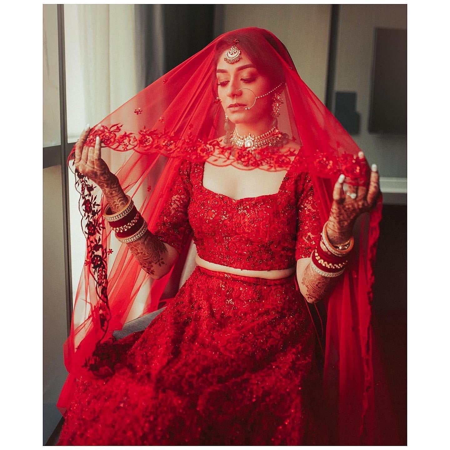 Red lehenga with red beading