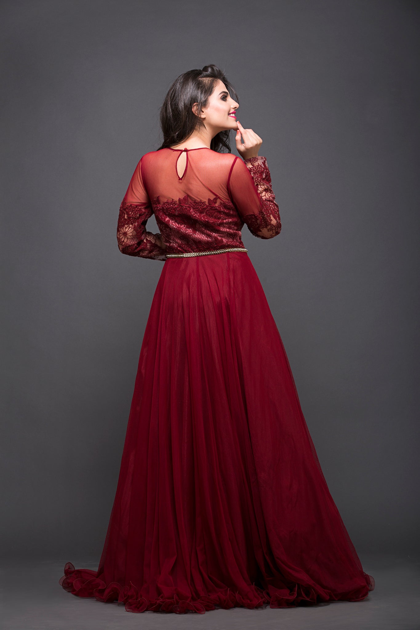 Maroon Cocktail Gown With Lace Thread Work Ricco India