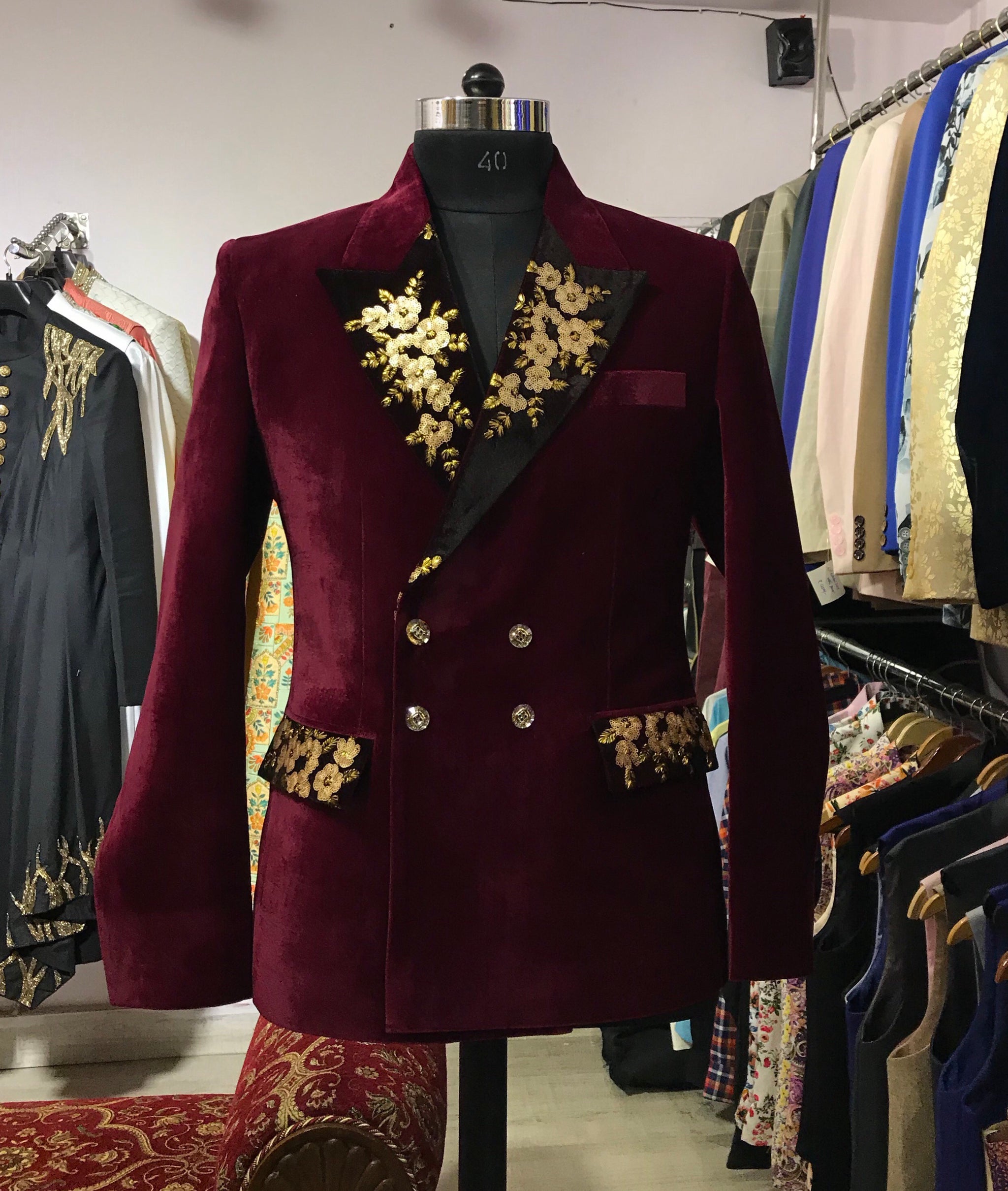 Burgundy and gold blazer best sale