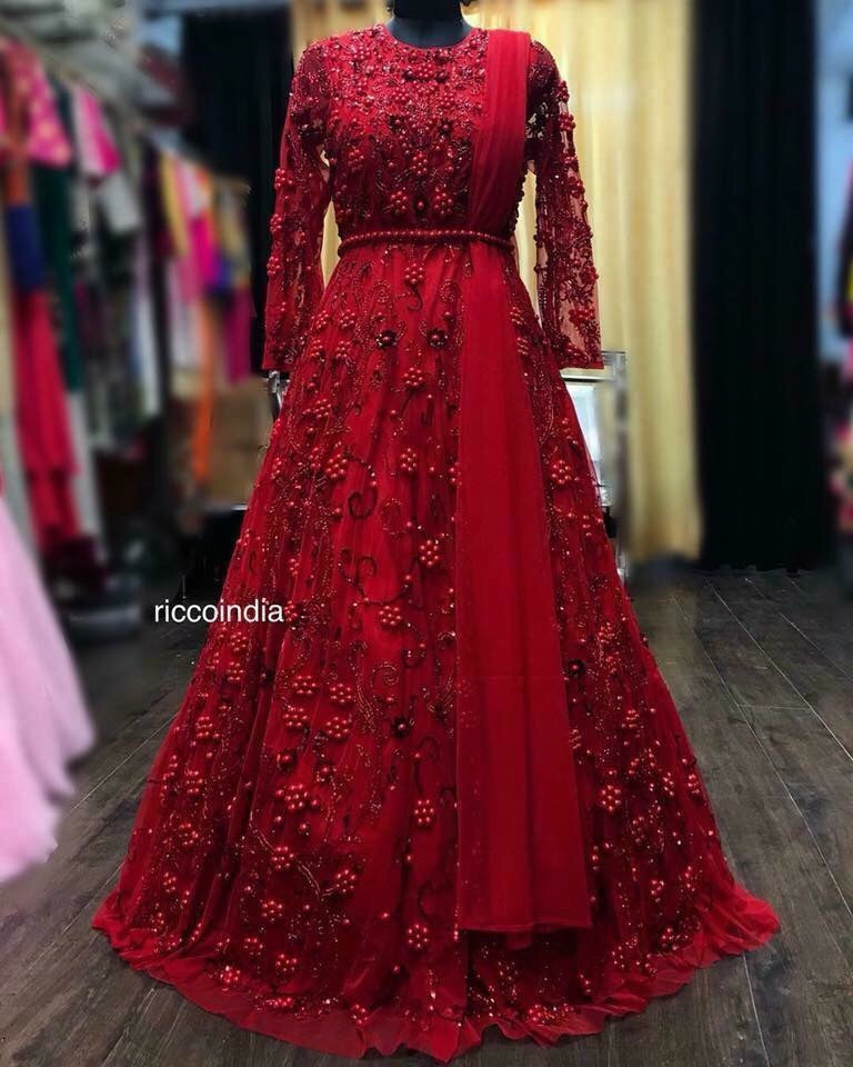 Red beadwork cocktail gown – Ricco India