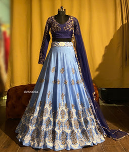 Two tone Blue lehenga with Resham and stone work