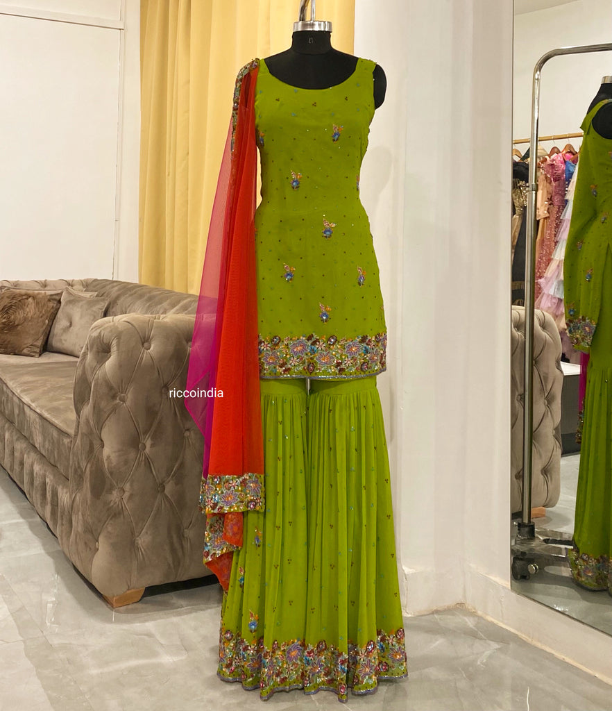 Parrot green sharara with colorful embroidery – Ricco India